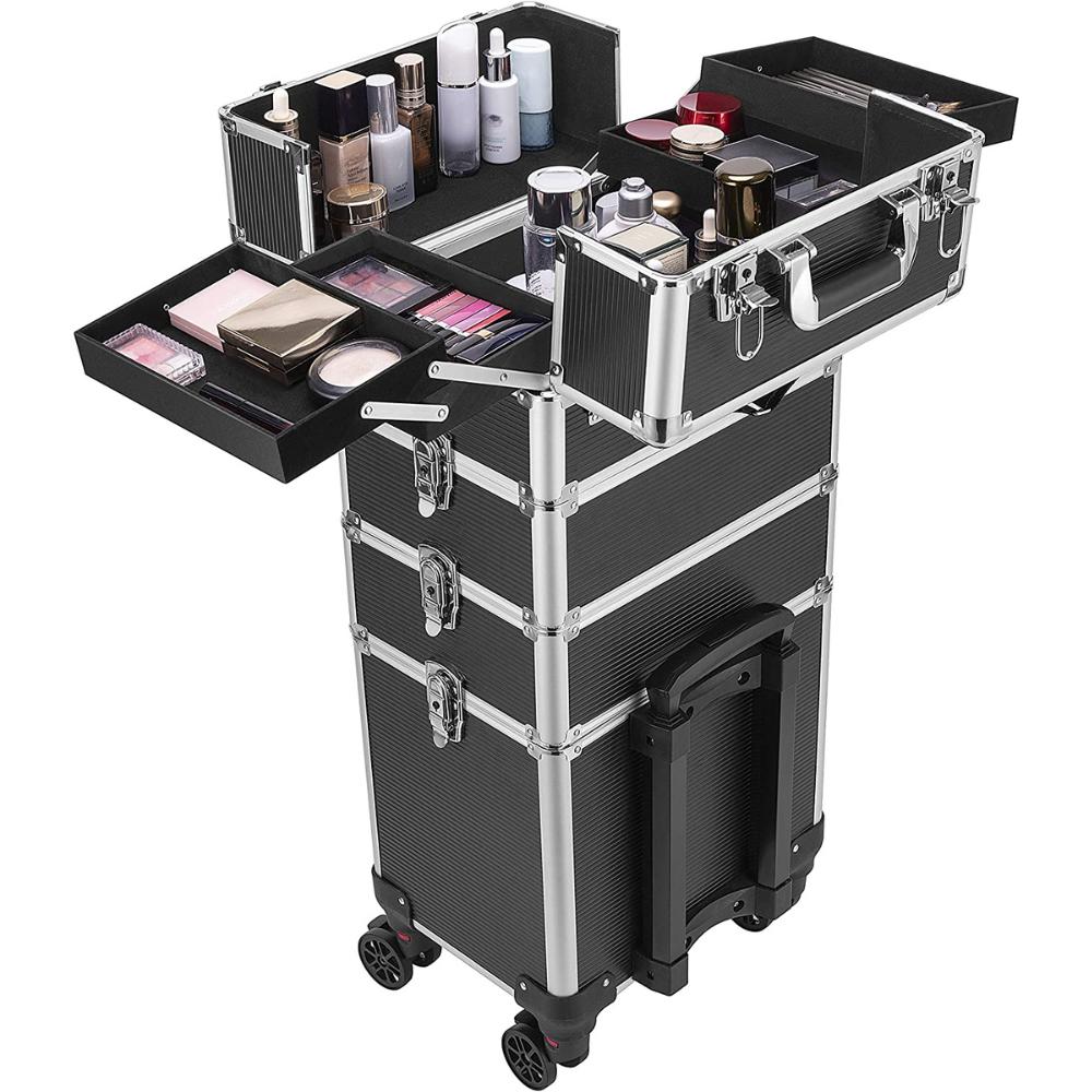 An aluminium rolling makeup train case, open